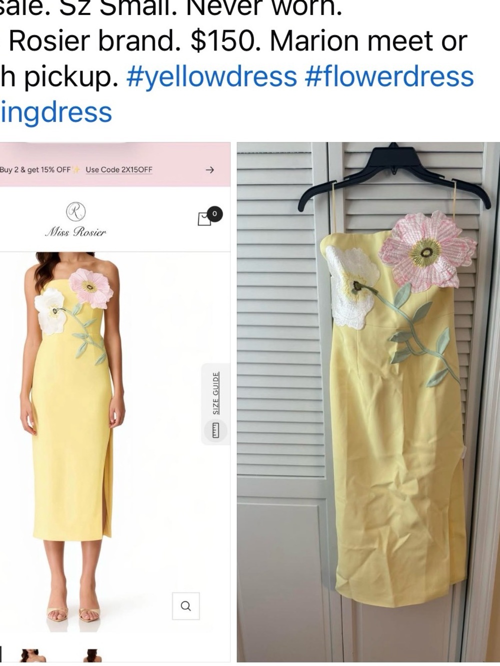 Miss Rosier Yellow Strapless Floral-Appliqué Dress